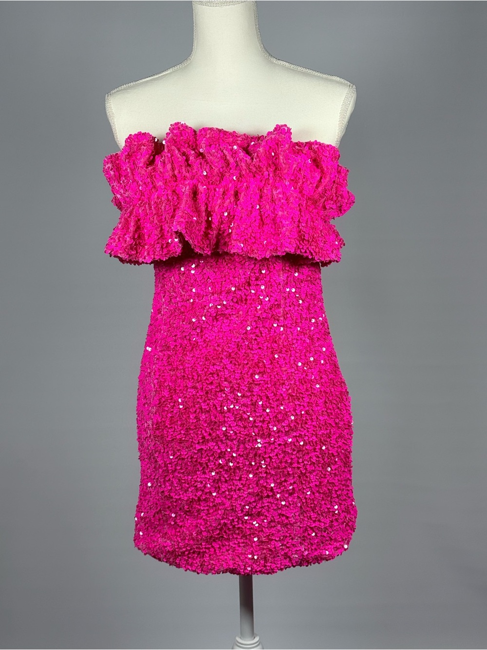 Strapless Sequin Ruffle Mini Dress - Hot Pink